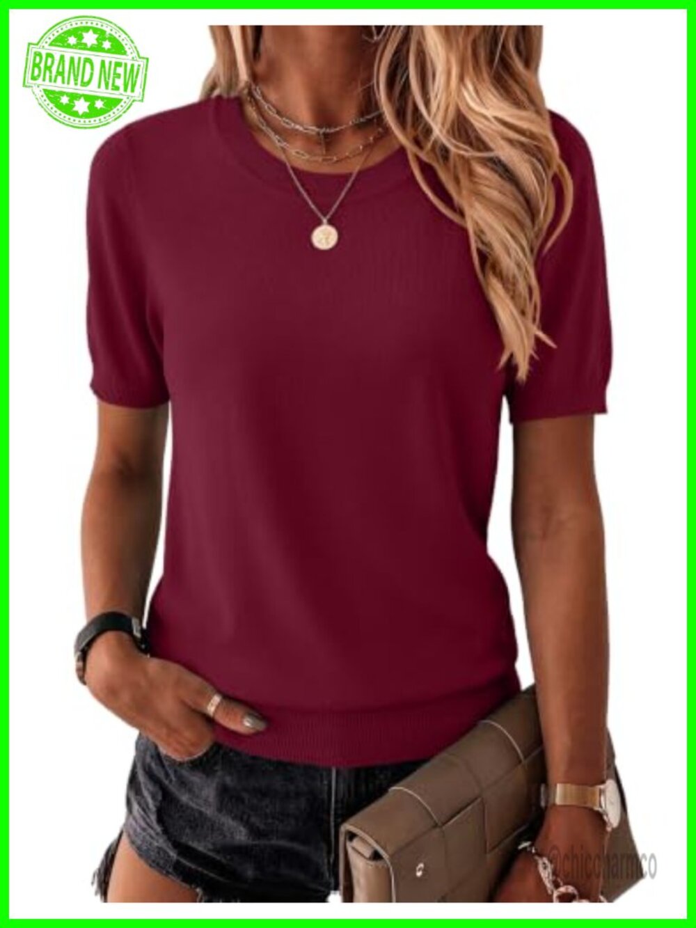 Women's Short Sleeve Sweater Crewneck Viscose Knit Pullover Top